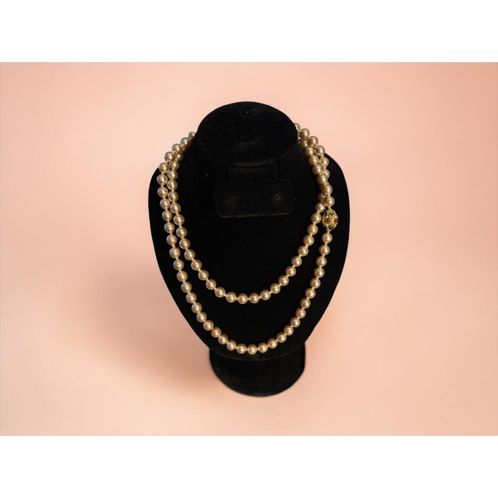 Nolan Miller 36" Faux Pearl Necklace Gold Tone Blue Crystal Clasp Opera Length